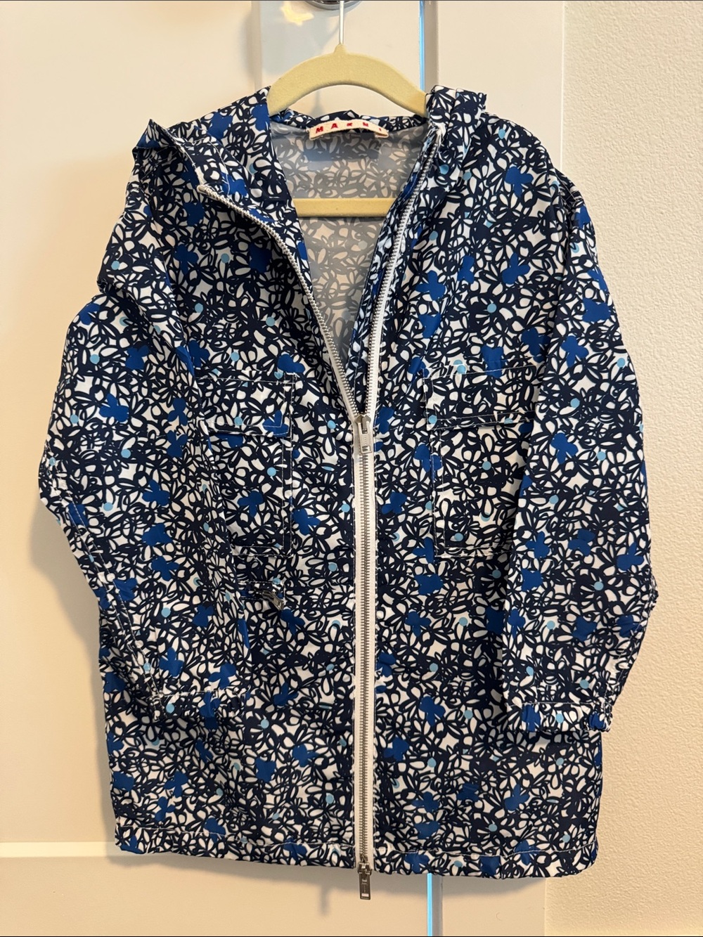 Marni Kids Navy & White Floral Hooded wind breaker with Blue Accents